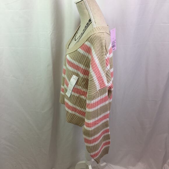 Wild Fable V Neck Striped Knit Sweater Tan Pink L - Picture 9 of 12